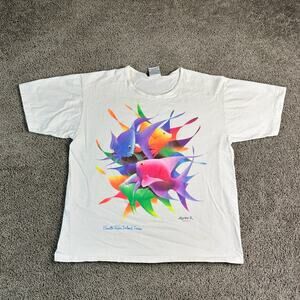 VINTAGE South Padre Island Shirt Womens XL White Neon Fish Texas Short Sleeve